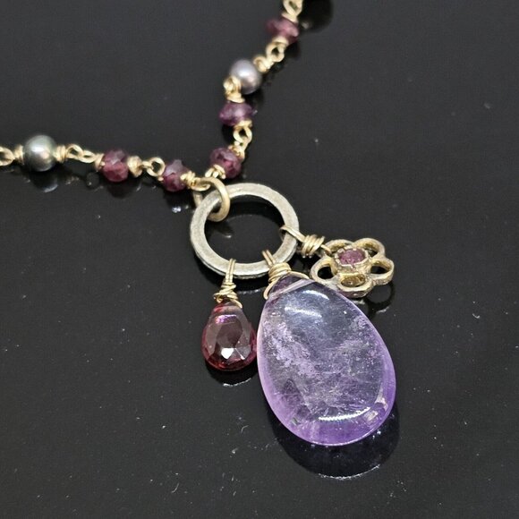 Alexis Bittar 925 Silver Vermeil Amethyst Garnet & Gray Pearl Stones Necklace - Picture 6 of 12